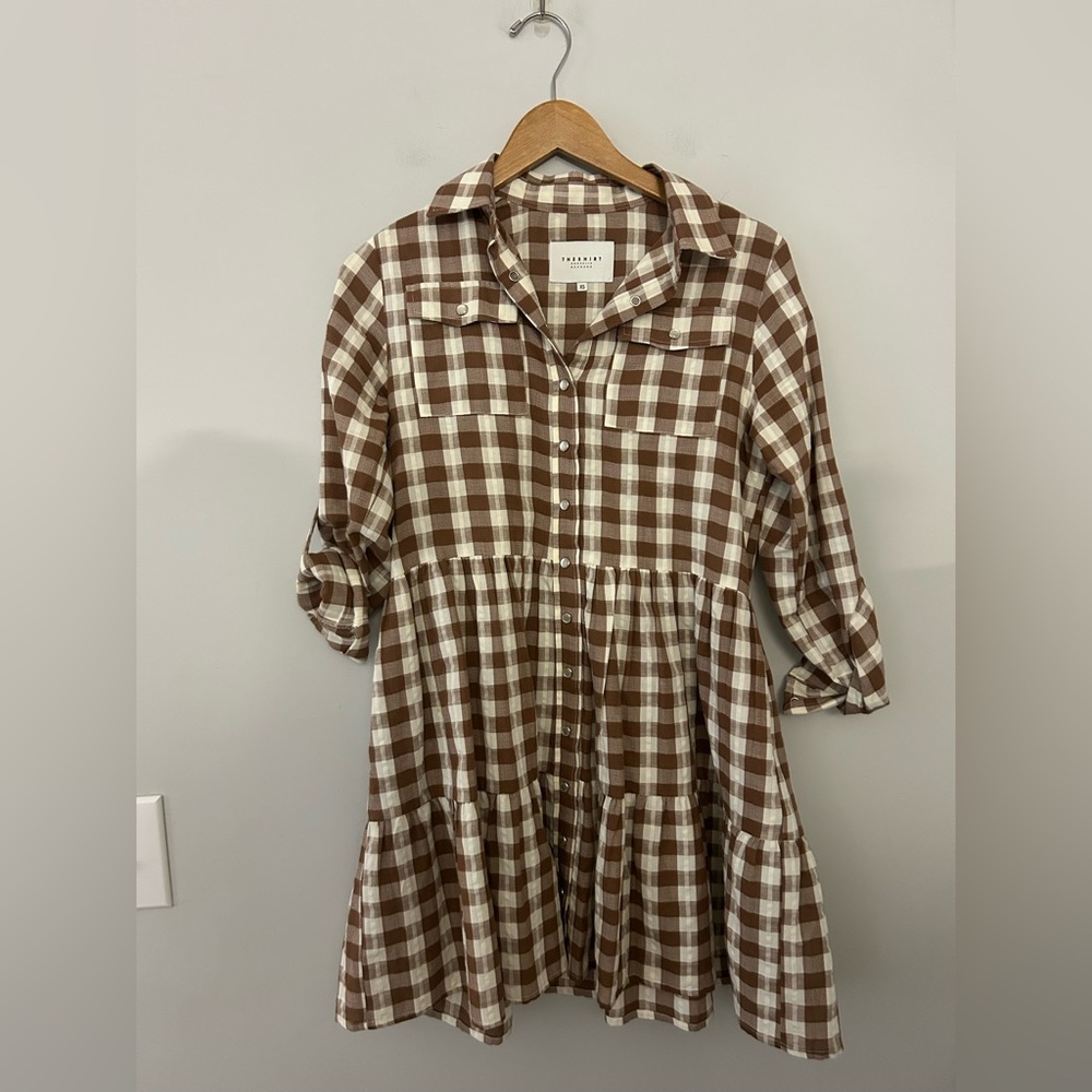 The Shirt by Rochelle Behrens Brown Plaid Gingham Mini Shirt Dress